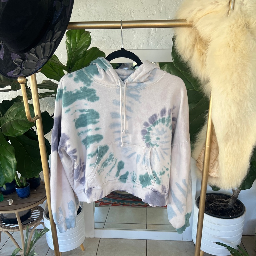 Lucky Brand Green and Purple Tie-Dye Cotton Cropped Hoodie Size S